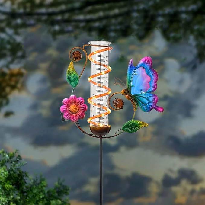LEWIS&WAYNE 36.3” Butterfly Rain Gauge Outdoor, 7” Glass Tube Solar Powered 10 Warm White LEDs Garden Metal Stakes Decorative Waterproof for Yard Garden Patio Lawn