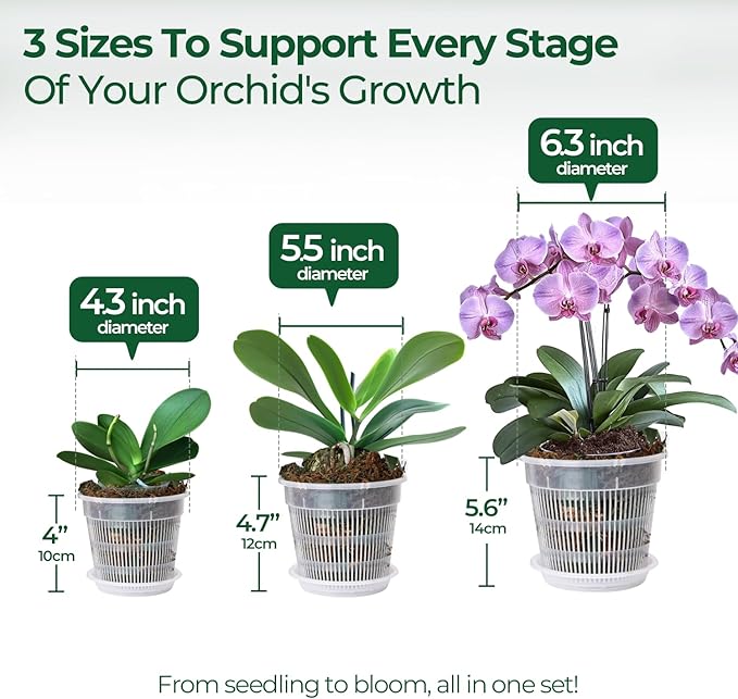 T4U Orchid Pot, 9 Pack Orchid Pots with Holes and Saucers for Repotting, 3 Each of 4.3, 5.5 and 6.3 Inch, Clear Plastic Flower Plant Pot for Indoor Outdoor Plants, Orchids Planter for Root Health