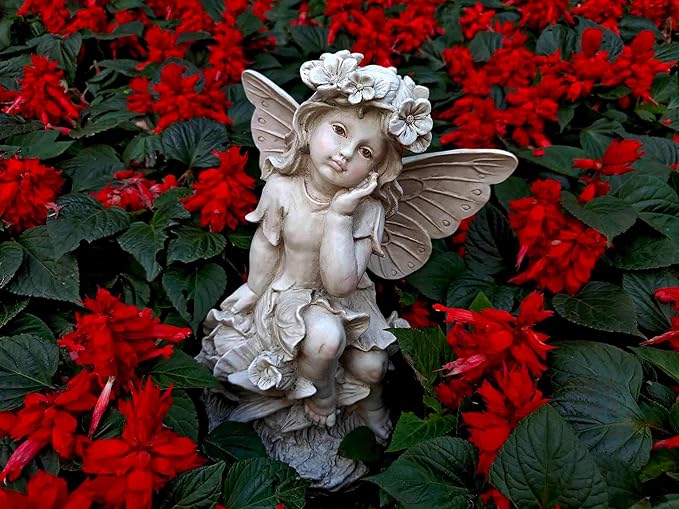 MeritMode 12.8" Fairy Garden Outdoor Guardian Angel Statue - Waterproof Resin with Flower Base, Unique for Patio, Balcony & Yard Decor