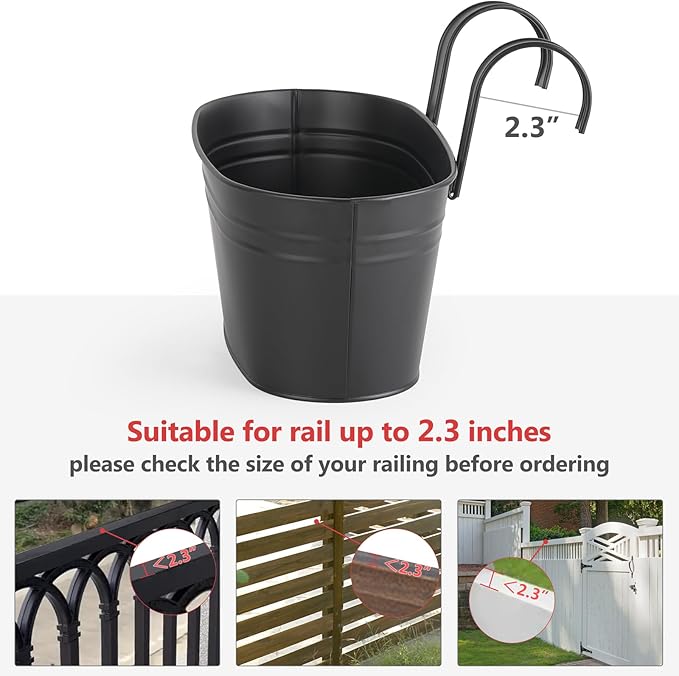 Dahey Metal Iron Hanging Flower Pots for Railing Fence Outdoor Planter Hanging Bucket Pots Countryside Style Window Flower Plant Holder with Detachable Hooks Home Decor,Black,3 Pcs