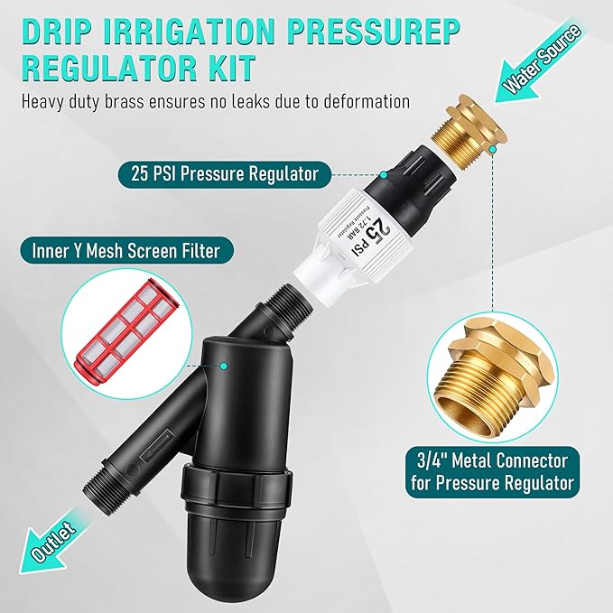 Drip Irrigation Pressure Regulator and Filter, 25 PSI Water Backflow Preventer for 3/4'' Garden/Faucet Hose Thread and Drip Irrigation Inline Y Filter, 3/4" x 3/4" FHT Hose Thread Connections