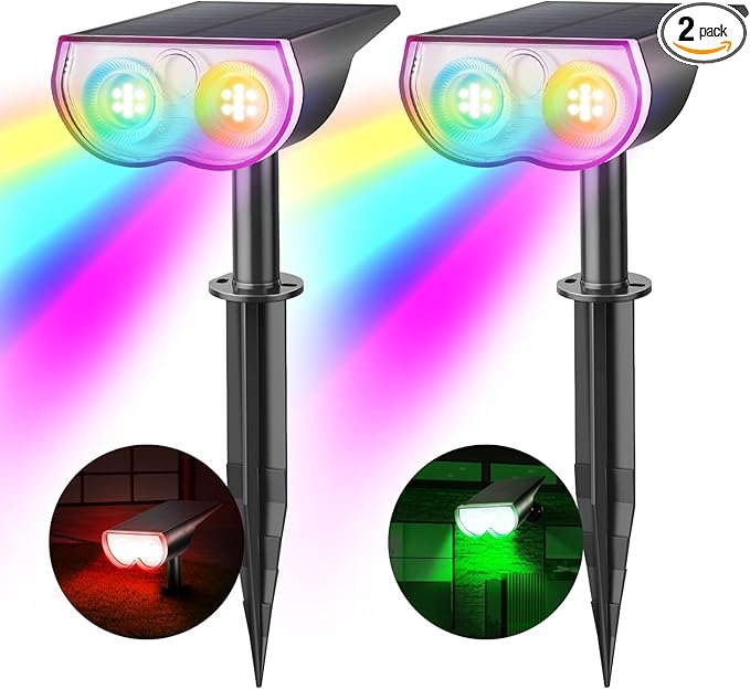 Consciot Solar Spot Lights Outdoor, Halloween Decorations 22 LEDs IP67 Waterproof Color Changing Solar Outdoor Lights, 8 Colors, 2-in-1 Adjustable Wall Lights for Garden Yard Pathway, 2 Pack(RGB)
