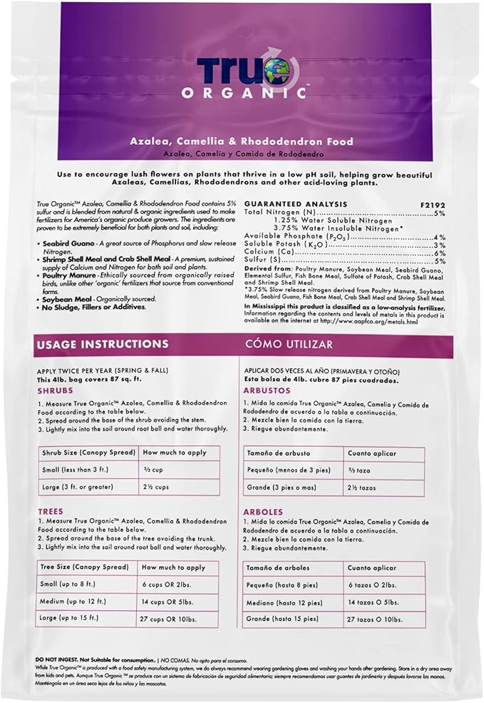 True Organic Azalea, Camellia & Rhododendron Food – Organic Fertilizer for Low-pH Plants – 4lb Bag