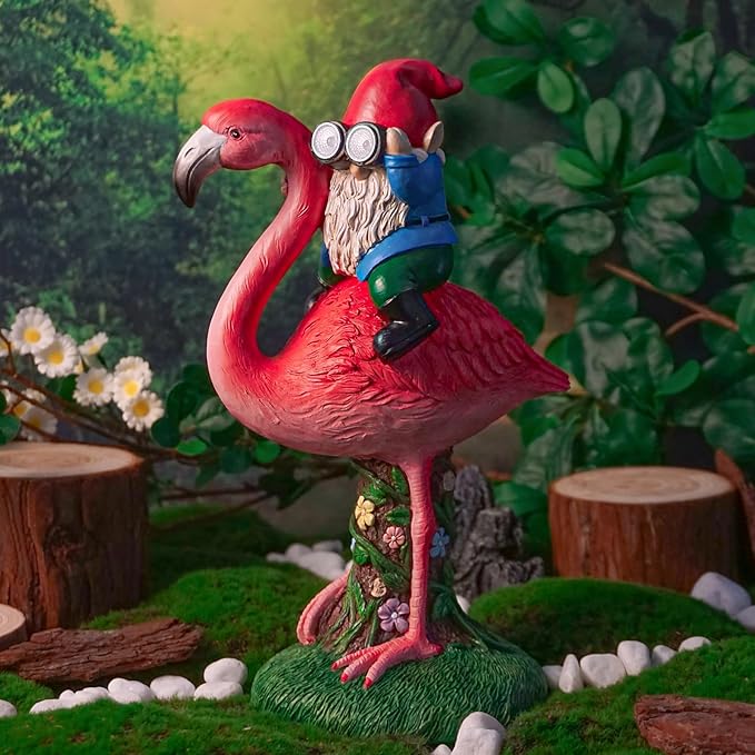 Solar Flamingo Gnome Garden Decor Statue, Outdoor Funny Solar Light Decoration for Yard, Patio, Lawn, Unique Housewarming, Birthday Gift for Women, Mom, Grandma