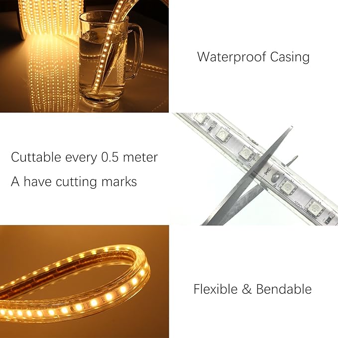 5050-60 Type AC 110-120V LED Strip Lights, Flexible/Waterproof/Dimmable/Multi-Modes LED Rope Light + 23 Keys Remote for Home/Garden/Building Decoration (131.2ft/40m, Warm White 3500K)