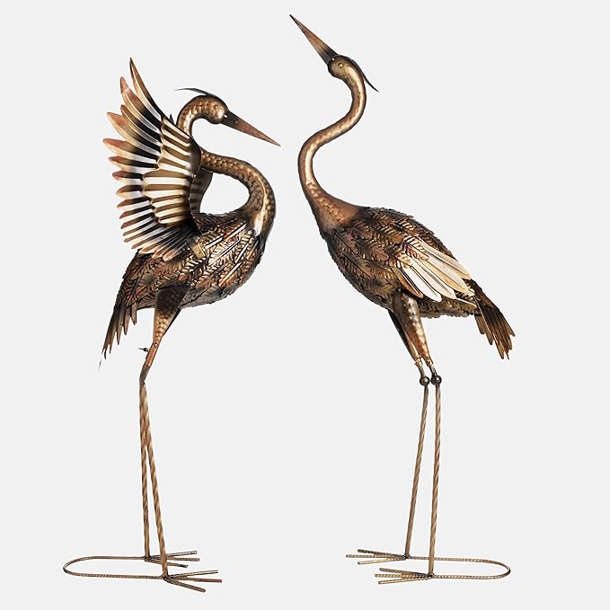 TERESA'S COLLECTIONS Yard Decorations Outdoor Garden Statues, Brass Metal Crane Yard Art, 33-39inch Lawn Ornaments for Backyard, Outside Porch, Patio, Wedding Decor,Set of 2,Spring Decor,Gifts for Mom