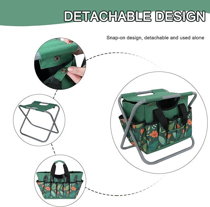 Folding Gardening Stool with Detachable Storage Tote Bag, Multifunctional Gardening Tools Set Organizer for Fishing and Camping,Portable Garden Chair Seat for Adults (Green Flower)