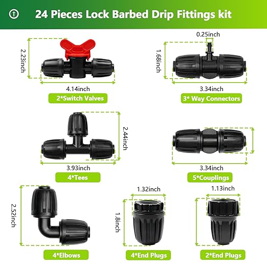 24 Pcs 1/2 Inch Drip Irrigation Fittings Kit, 1/2 Inch Drip Tubing (0.60"-0.65" OD) Parts Including 4 Tees 5 Couplings 4 Elbows 4 Reducing T 4 Plugs 2 Valves 2 Threaded Faucet Adapter