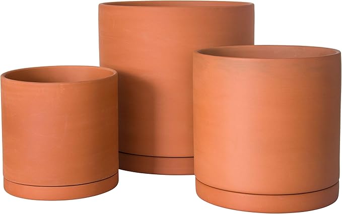 D'vine Dev Terracotta Pots for Plants, 6.5 Inch 7.8 Inch 9.6 Inch, Round Cylinder Planter Pot with Drainage and Saucer, 40-T-C-0