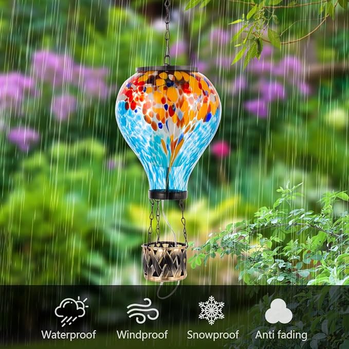 Solar Hot Air Balloon Lantern with Flame, Unique Hot Air Balloon Solar Lanterns with LED Candle Light, Waterproof Outdoor Lanterns Decor for Yard, Patio, Garden, Porch