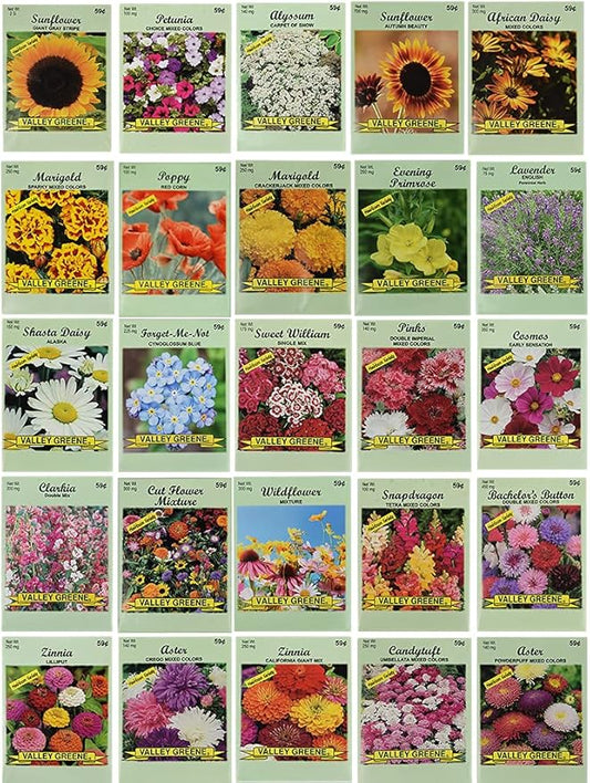 25 Slightly Assorted Flower Seed Packets - Includes 10+ Varieties - May Include: Forget Me Nots, Pinks, Marigolds, Zinnia, Wildflower, Poppy, Snapdragon and More - Made in the USA