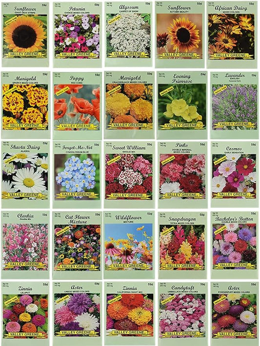 25 Flower Seed Packets Including 10+ Varieties - May Include: Forget Me Nots, Pinks, Marigolds, Zinnia, Wildflower, Poppy, Snapdragon and More - Made in The USA