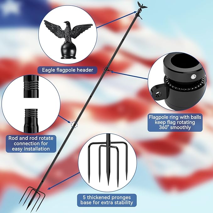 ZMTECH 10 FT Flag Pole Kit in Ground with 5 Pronges Base & Solar Light, Heavy Duty Flag Pole Holder with Metal Eagle Topper for Outside House Yard Garden Decor Residential Commerical(1 Pack,no Flag)