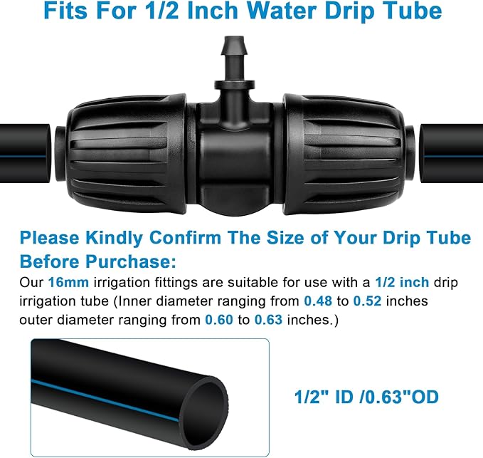 1/2 to 1/4 Drip Irrigation Fittings,25Pack Barbed Tee 1/2 inch Drip Irrigation Tubing (1/2" ID x0.6-0.63" OD) 16mm to 1/4 inch Irrigation Tube Fitting Anti-Drop Barbed Connectors