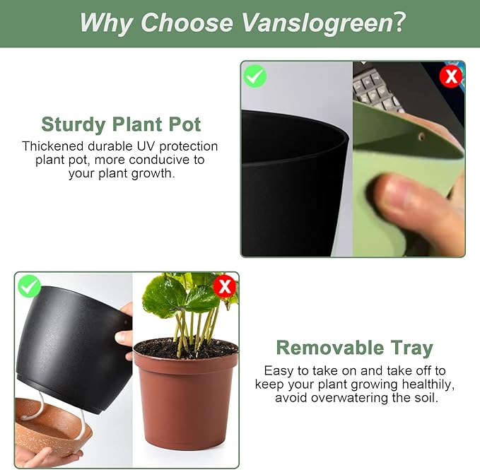 Planters for Indoor Plants 3 Pack, 10/9/8 Inch Self Watering Flower Pots with Drainage Hole, Plastic Large Plant Pots (Black)