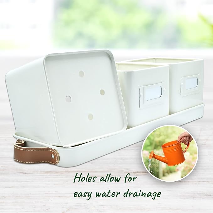 Herb Planter Indoor - Set of 3 Warmstone Indoor Herb Garden Pots for Plants with Leather Handled Tray - Window Sill Plant Shelf - Herb Pots with Drainage Holes and Labels