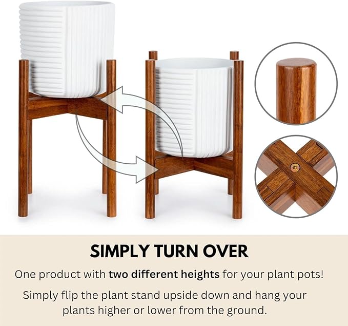 Fox & Fern Large Adjustable Plant Stand Indoor — 11 to 15 Inch Mid Century Bamboo Plant Stand; Plug In Design; Easy to Assemble; Two Height Options - For 11, 12, 13, 14 & 15 Inch Pots (Not Included)