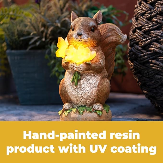 VP Home Charming Solar Powered LED Outdoor Decor Porcelain Squirrel Figurine Light Up Squirrel Gifts Garden Figurines Outdoor Solar Lawn Ornaments