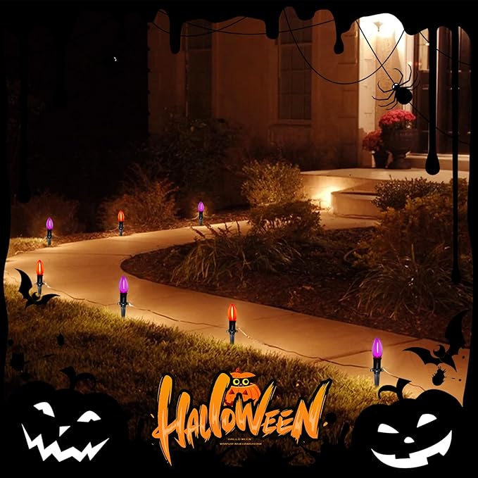 C9 Outdoor Halloween Pathway Lights, 19.5Ft C9 LED Orange Purple Halloween Pathway Marker Lights with 10 Stakes, Halloween Decorations Walkway Lights Waterproof for Driveway Lawn Yard Sidewalk Garden
