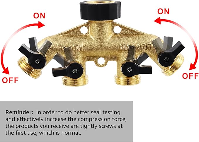 4 Way Brass Garden Hose Splitter Heavy Duty Garden Tap Hose Adapter Nozzle Switcher Connector with 4 Shut-Off Valves for Garden Irrigation Watering (American Thread 3/4)