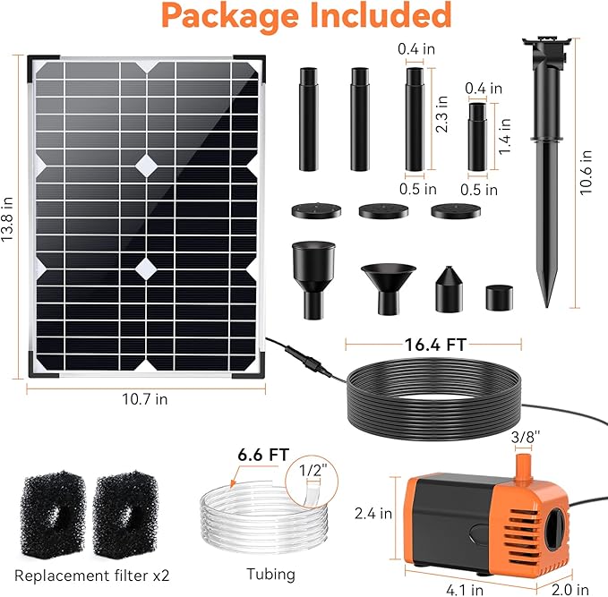 POPOSOAP 20W Solar Water Pump, Solar Powered Water Pump Outdoor with 320GPH Solar Pump, 7 Sprayers, 16.4ft Cable, 6.6ft Tubing for Outdoor Pond, Fish Tank and Garden Water Features