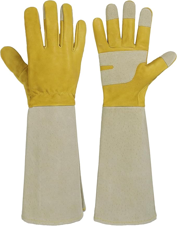 HANDLANDY Rose Pruning Gloves for Men & Women, Thorn Proof Long Garden Gloves, Gardening Gifts for Gardeners (Yellow- Goatskin, X-Large (Pack of 1))