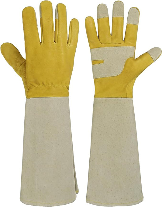 HANDLANDY Rose Pruning Gloves for Men & Women, Thorn Proof Long Garden Gloves, Gardening Gifts for Gardeners (Yellow- goatskin, Large (Pack of 1))