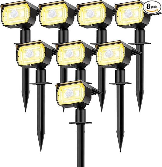 Solar Spot Lights Outdoor Motion Sensor with 3 Modes, [ 8 Pack/56 LED ] Solar Spotlights Outdoor Waterproof 2-in-1 Auto On/Off Solar Landscape Lighting for Outside Yard Wall Garden Pathway, Warm White