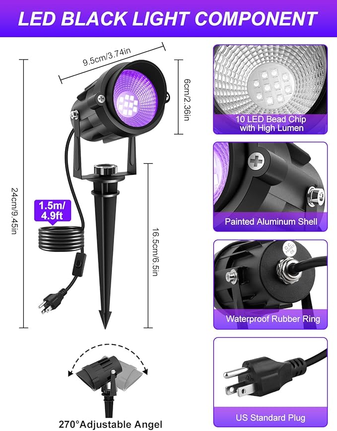 Outdoor Black Light Spotlight, LED Black Lights Waterproof Landscape Lighting with US Plug for Glow Party Body Paint Fluorescent Poster Stage Lighting Yard Garden Halloween Decoration(2 Pack)