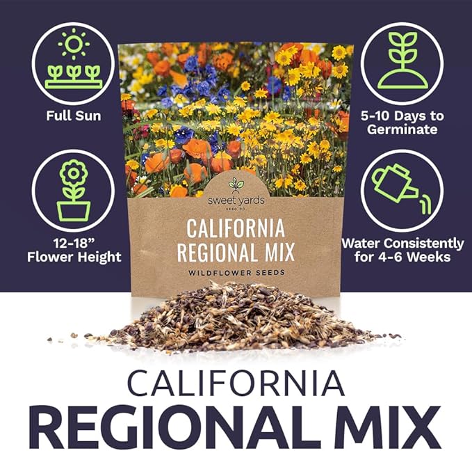 California Wildflower Mixture - Bulk 1 Ounce Packet - Over 7,000 Native Seeds - Open Pollinated and Non GMO