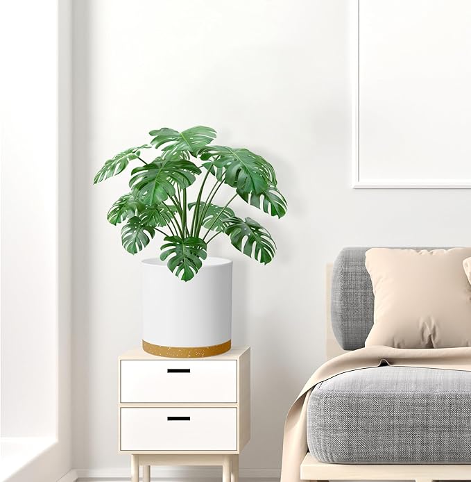 12 Inch Large Deep Plant Pots for Outdoor Indoor Plants, Cylinder Tall Flower Pots with Drainage Holes and Saucer, Big Decorative Plastic Planter Pots for Garden House Plants, White with Brown