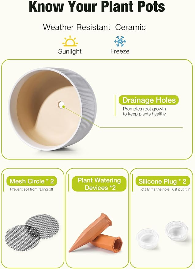 Ceramic Plant Pots, 10+12 Inch Large Planters for Indoor Plants, Modern Flower Pots with Watering Devices, Stylish and Functional,Set of 2, White