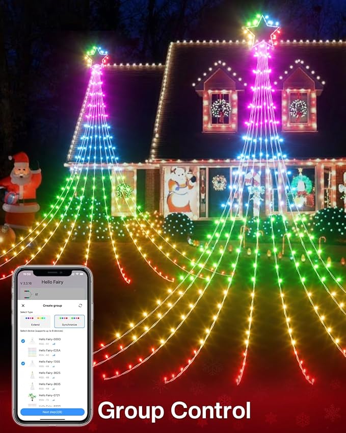 Smart Outdoor Waterfall Lights for Valentines Day, 11.8FT App & Remote Controlled Yard Light, Customizable LED Colors Music Sync, 58+ Dynamic Modes Weatherproof String Lights for Romantic Room Decor