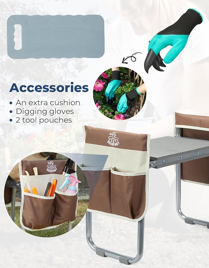 DEERFAMY Garden Stool 10.2" Width, Garden Kneeler and Seat Load Cap 350 lbs, Heavy Duty Gardening Stool with Extra Kneeling Pad, 2 Tool Pouches, Claw Gloves, Gift for Women Seniors, 2 Pack