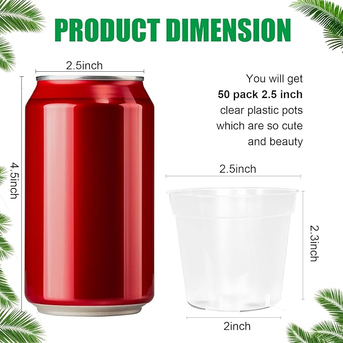 50 Pack 2.5 Inch Clear Nursery Pots for Plants, Sturdy Plastic Plant Pot for Planting Vegetables Flowers Seedlings, Transparent Seed Starter Pots with Drainage Holes(50P-2.5" Clear)