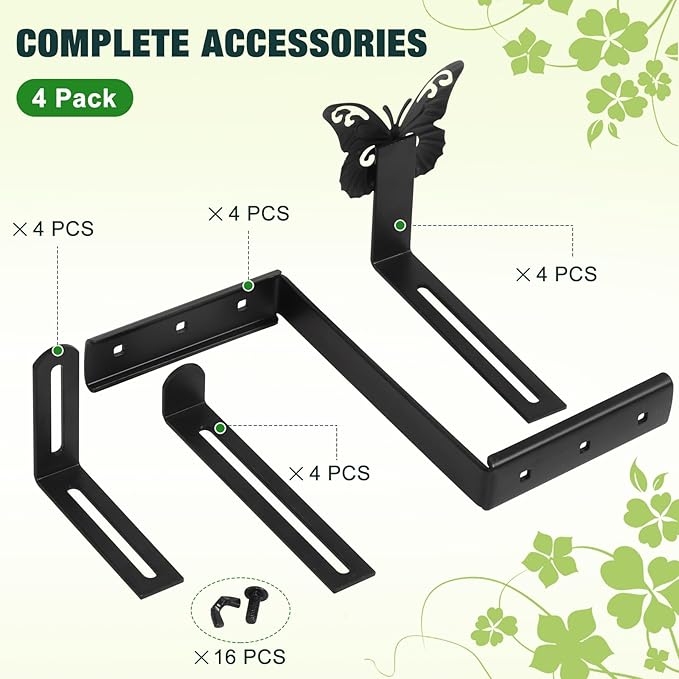 Planter Box Brackets, Adjustable Window Boxes Planters Brackets with Butterfly, Hanging Flower Box Stand Hooks for Deck Railing Pergola Balcony Garden - 4 Pack