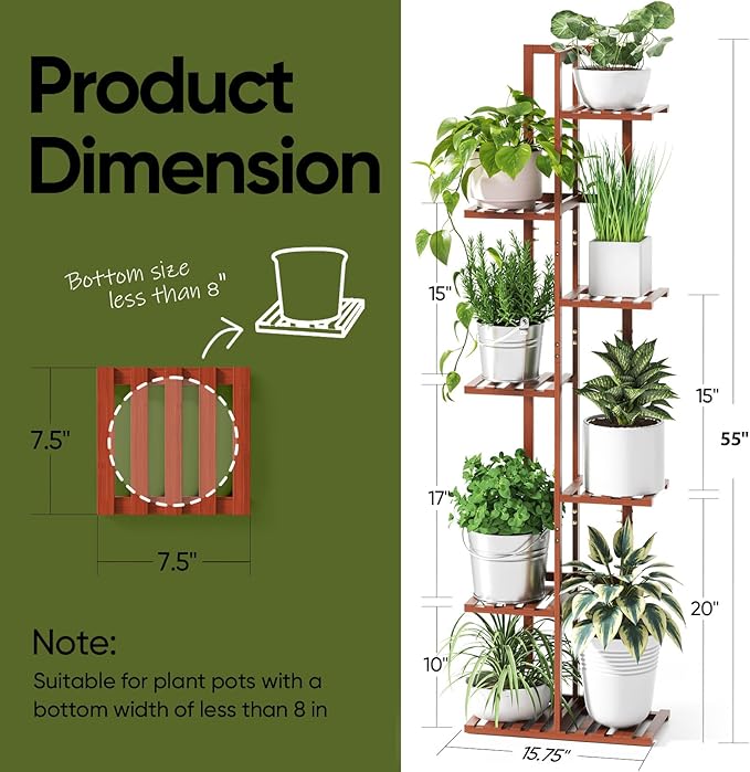 ROSSNY Plant Stand Indoor, 7 Tier 8 Potted Bamboo Plant Stands for Indoor Plants, Corner Plant Stand, Tiered Plant Stands, Plant Shelf For Indoor, 55 Inch Tall Planter Holder for Multiple Plants Indoor, Brown