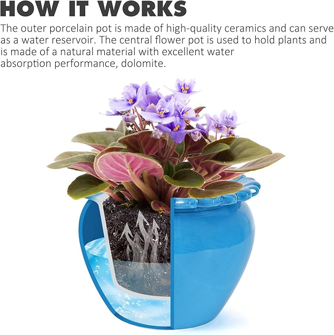 African Violet Flower Pot Blue Ceramic Self Watering Flower Pot 6.5 * 4.6 inch Simple Plant Self Watering Pot High Absorption Herbaceous Simple plant Self Watering Basin