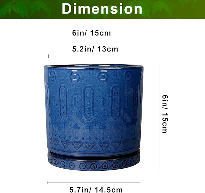 6 Inch Plant Pot - Ceramic Planter for Outdoor Plants Indoor Plant Pot with Drainage Holes and Saucer Succulent Pot Modern Round Flower Pot for House Room Decor Blue