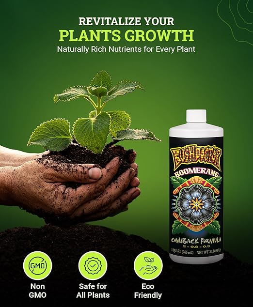Fox Farm Bushdoctor Boomerang Fertilizer - for Fast Recovery of Stressed Plants, Root Health, Solubilized Nutrition - Perfect for Hydroponic & Soil Application- NPK 2-0.2-0.3, (Quart)