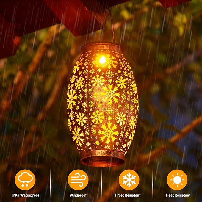 Solar Lanterns Outdoor Waterproof - 2 Pack Hanging Solar Lights Outdoor, Halloween Decorative Retro Metal Lanterns with Handles for Yard, Patio, Tabletop, Pathway, Gardening Gifts for Women Men