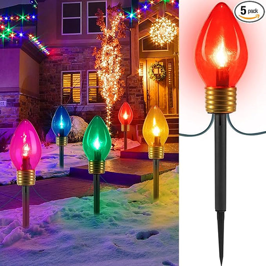Jumbo C9 Christmas Lights Outdoor Decorations Lawn with Pathway Marker Stakes, 8.5 Feet LED Lights Covered Jumbo Multicolored Light Bulb for Holiday Outside Yard Garden Decor, 5 Lights