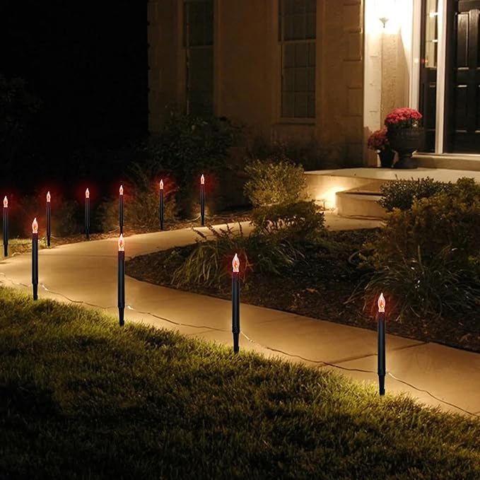 Halloween Pathway Lights Outdoor, 19.5Ft Halloween Pathway Marker String Lights with 10 C18 Flicker Flame Black Candles Stakes Lights Plug in Halloween Walkway Lights for Lawn Garden Sidewalk Driveway