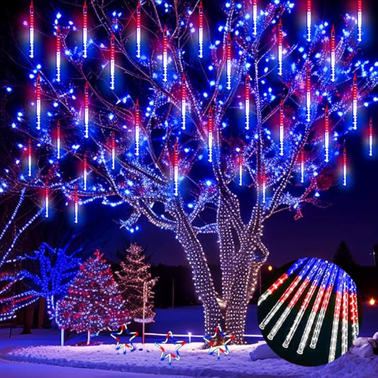 Aokudoni 4th of July Decorations Outdoor, 16 Inch Red White and Blue Meteor Shower Lights for Independence/National/Memorial Day, LED Christmas Lights Outdoor for Yard Garden Tree Holiday Party