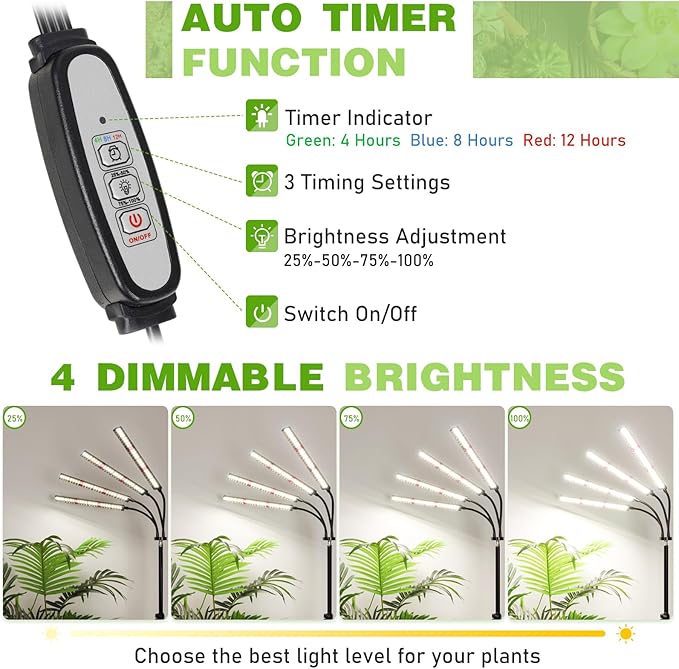 FOXGARDEN® Grow Lights for Indoor Plants Full Spectrum with Tripod Stand, Tall Plant Lights for Indoor Growing with Flexible Gooseneck, Four-Head Grow Lamp with 4/8/12H Timer & 4 Brightness Levels