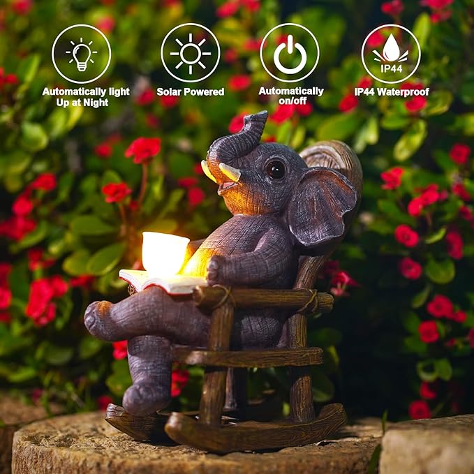Goodeco Solar Elephant Statue for Garden - Perfect Relaxing Outdoor & Fairy Garden Decor, Great as Birthday or Mom Gifts- 6.3 x 7.8in