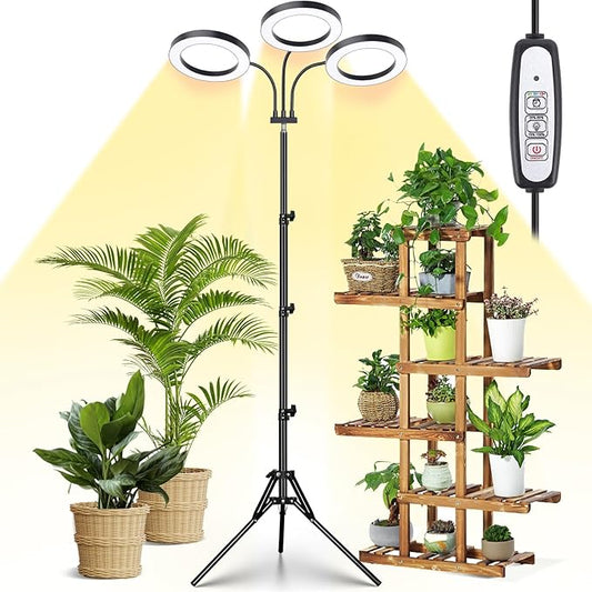 LORDEM Grow Light for Indoor Plants, Tri-Head Plant Light for Plants Growing, Full Spectrum Growth Lamp with Auto Timer for 4/8/12H, 4 Dimmable Levels, 216 LEDs, Height Adjustable Stand 24.4"- 67"