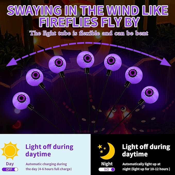 Aogist Halloween Decorations Eyeball Swaying Firefly Light Bright Long Standby Time Waterproof Outdoor Lights for Beautiful Spaces Garden Yard Lawn Pathway Porch Party Decor (Purple, 2 Pack-12 LEDs)