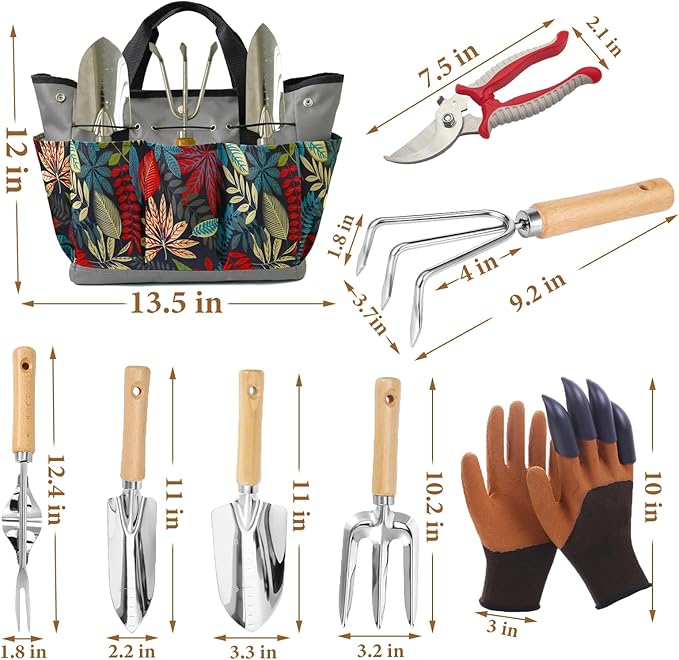 Gardening Tool Set of 8 PCS Stainless Steel Garden Tool Set with Garden Tool Bag Gardening Hand Tools,Ideal Gardening Gifts for Men and Women