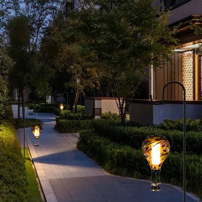 Starsoul Solar Hot Air Balloon Lantern with Flickering Flame Glass Hot Air Balloon Solar Light Waterproof Hanging Outdoor Lantern for Garden Yard Patio Decorations